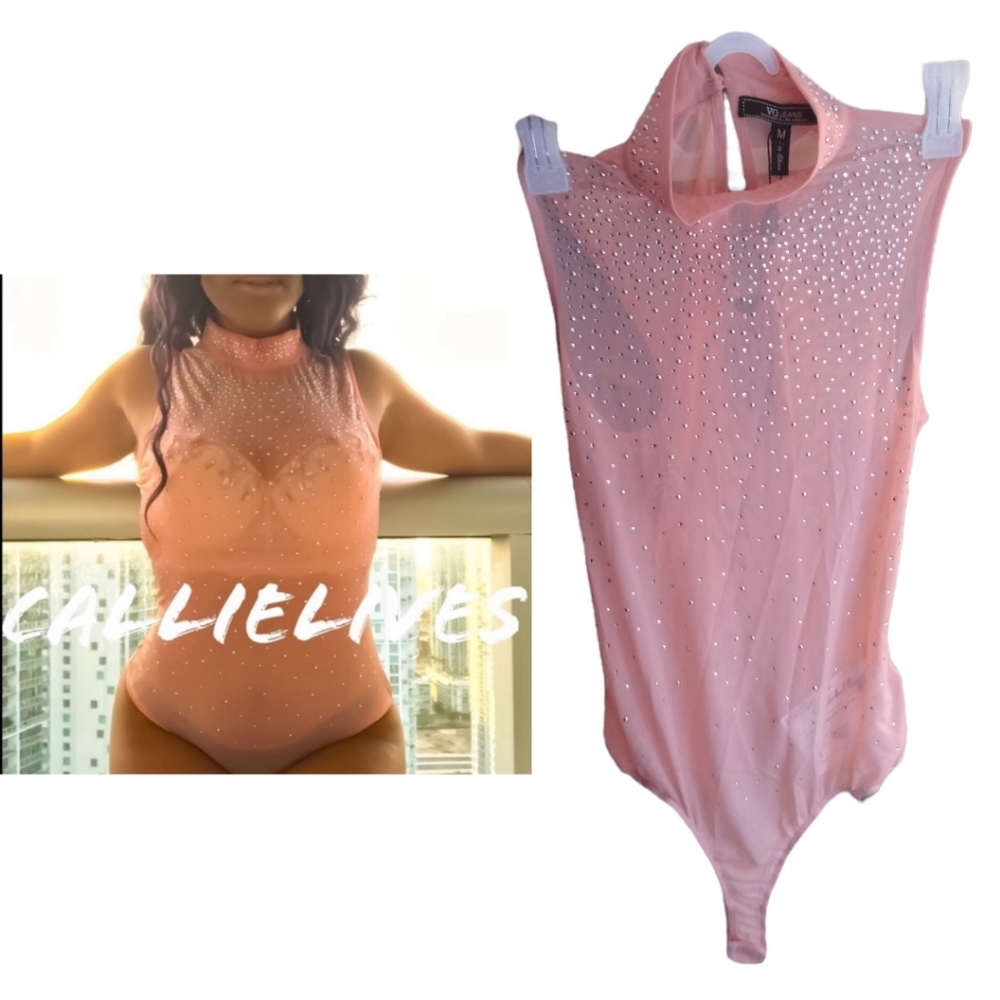 NWT Mesh Pinkk Rhinestone Bling Blush Sheer Sleeveless Bodysuit Medium